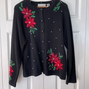 Vintage Victoria Jones Embroidered Poinsettia Embellished Christmas Sweater